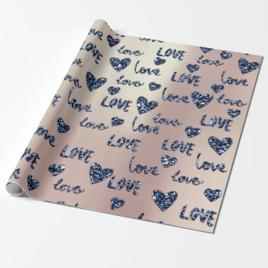 Fancy Hearts Blue Navy Roos Glitter Love Valentijn Cadeaupapier (Uitgerold)