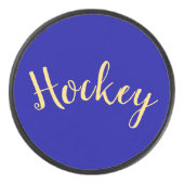 Fancy "Hockey" Script Rich Royal Blue Background Hockey Puck (Voorkant)