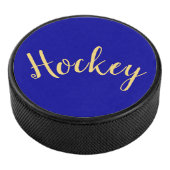 Fancy "Hockey" Script Rich Royal Blue Background Hockey Puck (3/4)