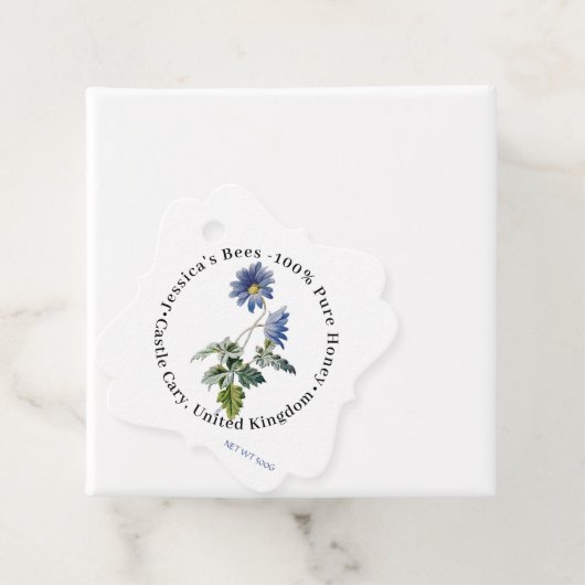 Fancy Honey Jar Neck Label met Blue Wildflower (In situ)