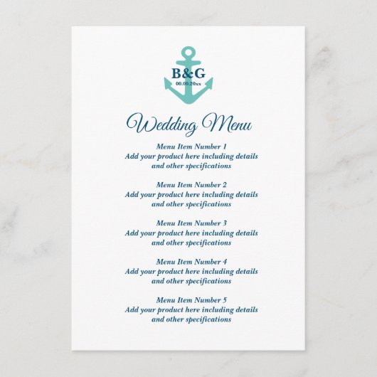 Fancy huwelijksmenu met nautische bootanker logo menu (Voorkant)