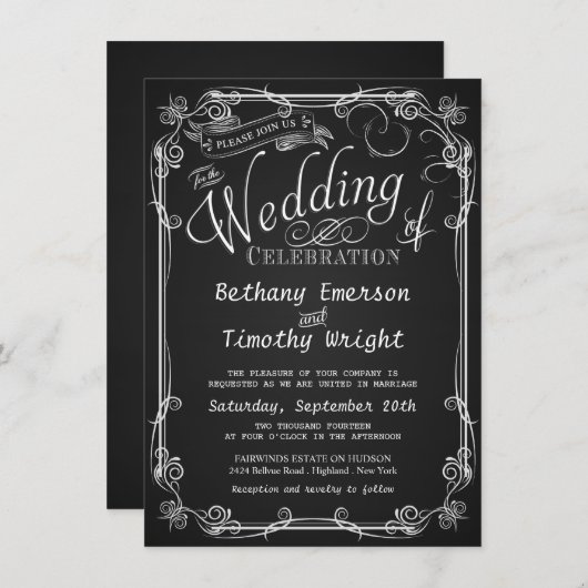 Fancy huwelijksuitnodigingen op Chalkboard Kaart (Voorkant / Achterkant)