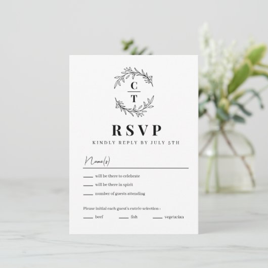 Fancy Initialen Eenvoudige Monogram Bruiloft RSVP  Kaart (Staand voorkant)