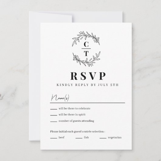 Fancy Initialen Eenvoudige Monogram Bruiloft RSVP  Kaart (Voorkant)