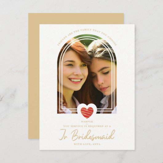 Fancy Jr Bridesmaid Red Heart Photo Proposal Briefkaart (Voorkant / Achterkant)