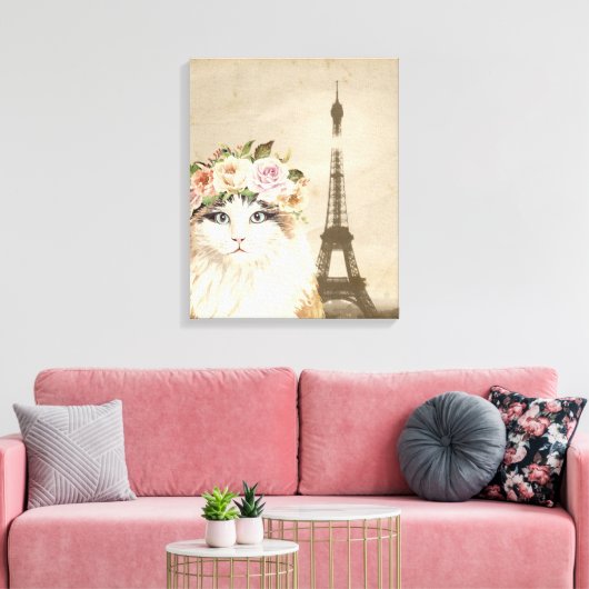 Fancy kat- en eiffeltoren canvas afdruk (Insitu (Woonkamer))