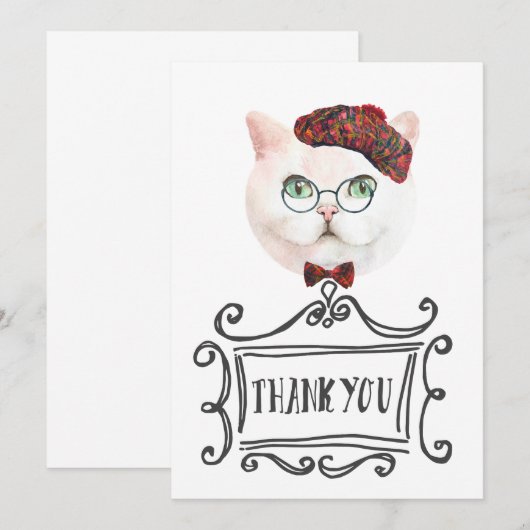 Fancy kat met Beret Bedankkaart (Voorkant / Achterkant)