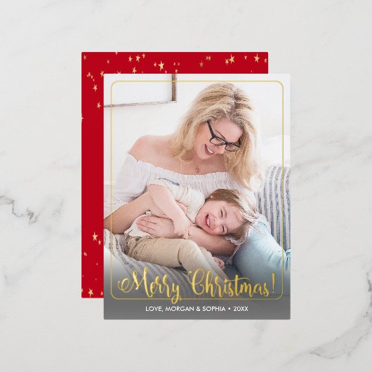 Fancy kerst, foto, naambericht, rand folie feestdagen briefkaart (Voorkant / Achterkant)
