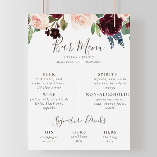 Fancy klassieke bloemen bruiloft bar menu  poster