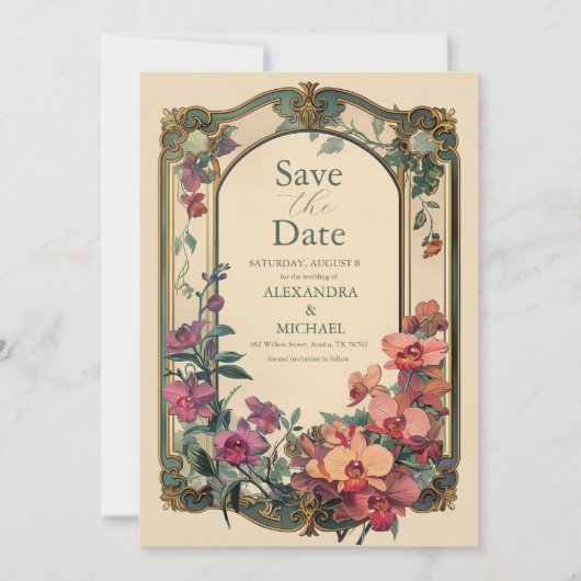 Fancy klassieke decoratieve art nouveau bruiloft save the date (Voorkant)