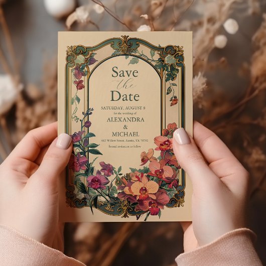 Fancy klassieke decoratieve art nouveau bruiloft save the date