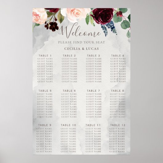Fancy Klassieke Roos Flowers Wedding Seating Chart Poster (Voorkant)