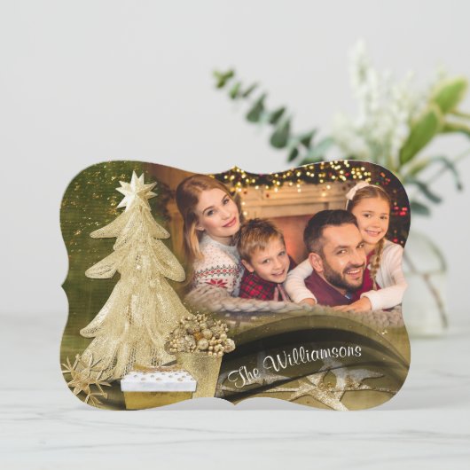 Fancy knipfoto van Gold Lace-kerstboom Feestdagenkaart (Staand voorkant)