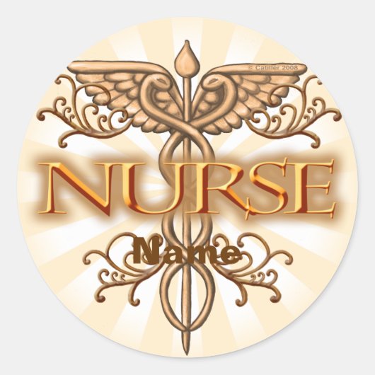 Fancy kopercaduceus-verpleegkundige ronde sticker (Voorkant)