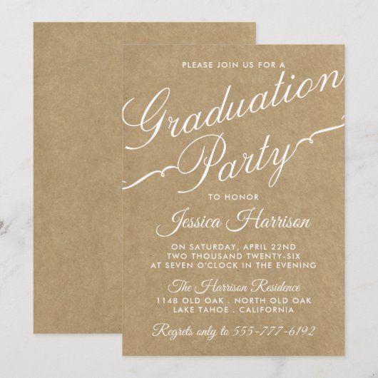 Fancy Kraft Typography Graduation Party Kaart (Voorkant / Achterkant)