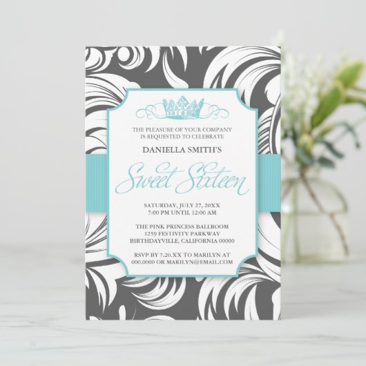 Fancy kroonzweet-zestiende verjaardag-uitnodiging kaart (Staand voorkant)