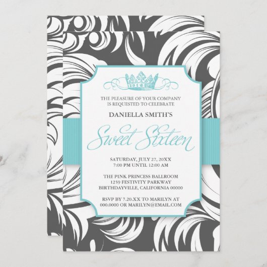 Fancy kroonzweet-zestiende verjaardag-uitnodiging kaart (Voorkant / Achterkant)