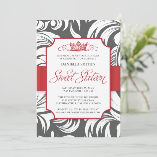 Fancy kroonzweet-zestiende verjaardag-uitnodiging kaart (Staand voorkant)