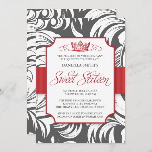 Fancy kroonzweet-zestiende verjaardag-uitnodiging kaart (Voorkant / Achterkant)