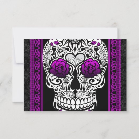 Fancy Lace Sugar Skull-dag van het dode Paars RSVP Kaartje (Achterkant)
