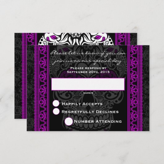 Fancy Lace Sugar Skull-dag van het dode Paars RSVP Kaartje (Voorkant / Achterkant)