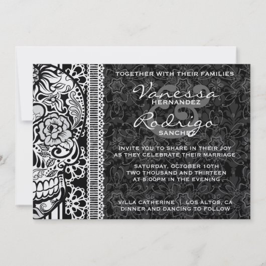 Fancy Lace Sugar Skull Day of the Dead Invite Kaart (Voorkant)