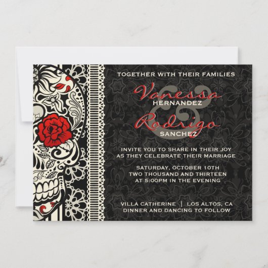 Fancy Lace Sugar Skull Day of the Dead Invite Kaart (Voorkant)