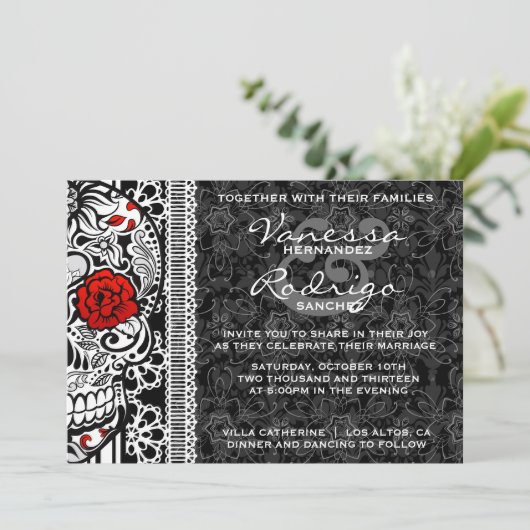 Fancy Lace Sugar Skull Day of the Dead Invite Kaart (Staand voorkant)