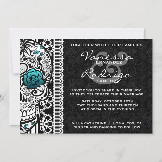 Fancy Lace Sugar Skull Day of the Dead Invite Kaart (Voorkant)
