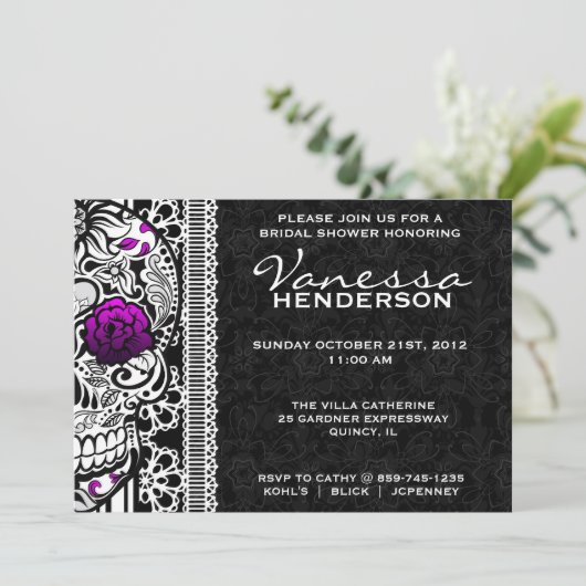 Fancy Lace Sugar Skull Day of the Dead Invite Kaart (Staand voorkant)