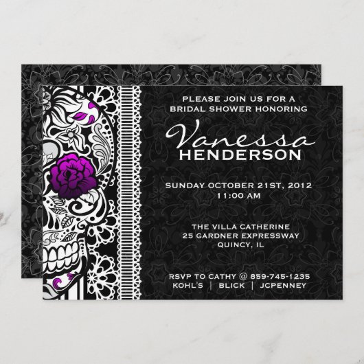 Fancy Lace Sugar Skull Day of the Dead Invite Kaart (Voorkant / Achterkant)