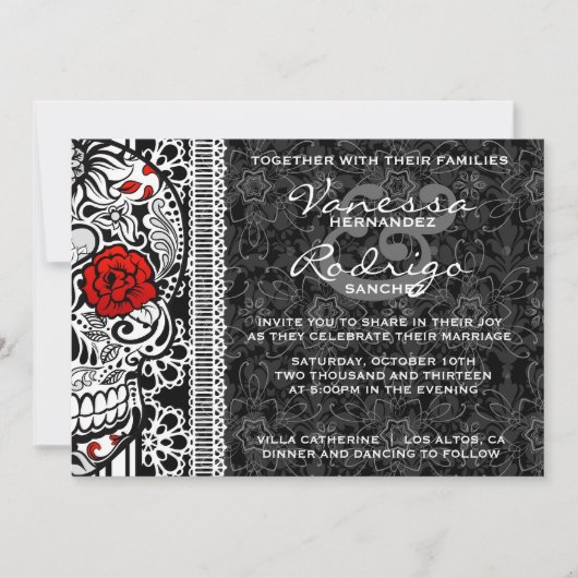 Fancy Lace Sugar Skull Day of the Dead Invite Kaart (Voorkant)