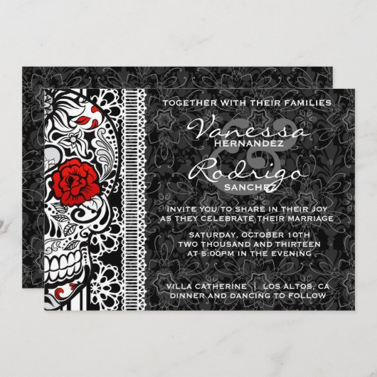 Fancy Lace Sugar Skull Day of the Dead Invite Kaart (Voorkant / Achterkant)