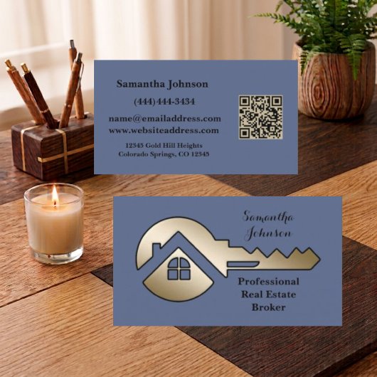 Fancy Leiste Blau met Gouden Sleutel QR Code Vastg Visitekaartje