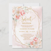 Fancy Lichtroze Gouden Bloemen Sweet 16 Invitation Kaart (Voorkant)
