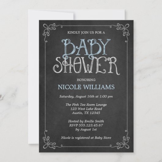 Fancy Lijst Blauw  Chalkboard Baby shower Kaart (Voorkant)