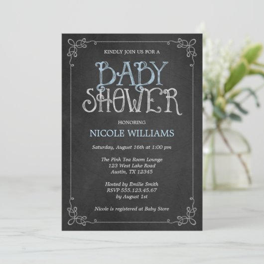 Fancy Lijst Blauw  Chalkboard Baby shower Kaart (Staand voorkant)