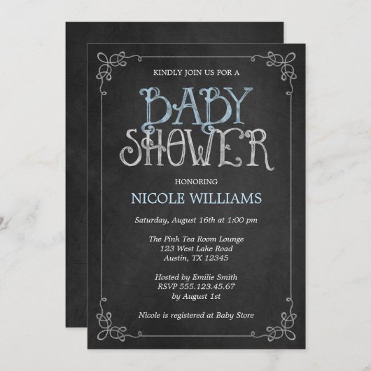 Fancy Lijst Blauw Chalkboard Baby shower Kaart (Voorkant / Achterkant)