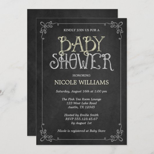 Fancy Lijst Geel  ChalkboardBaby shower Kaart (Voorkant / Achterkant)