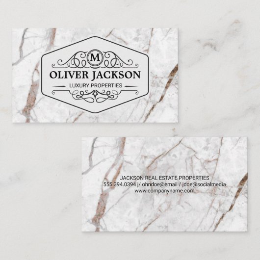 Fancy Lijst met monogram | Witte marmer Visitekaartje (Voorkant / Achterkant)