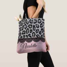 Fancy luipaard en kant met roze blindheid tote bag