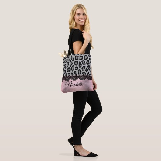 Fancy luipaard en kant met roze blindheid tote bag (Op model)