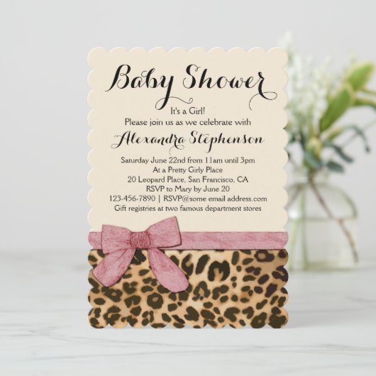 Fancy luipaard roze boog meisje Baby shower uitnod Kaart (Staand voorkant)