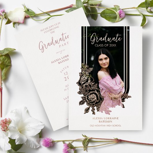 Fancy Luxury Trendy Floral Arch Graduation Party Folie Uitnodiging