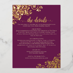 Fancy Magenta Plum Gold Foil Wedding Details Kaart