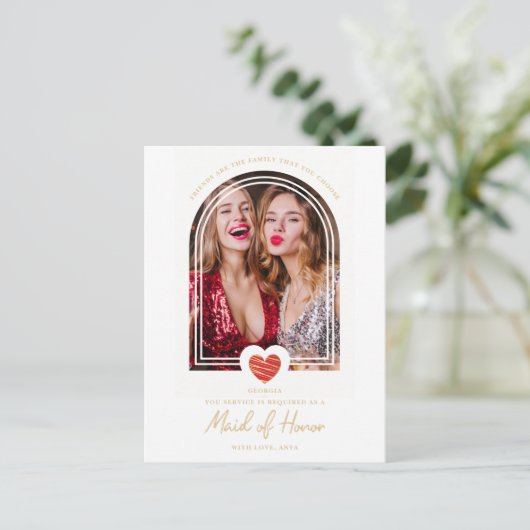 Fancy Maid of Honor Red Heart Photo Proposal Briefkaart (Staand voorkant)