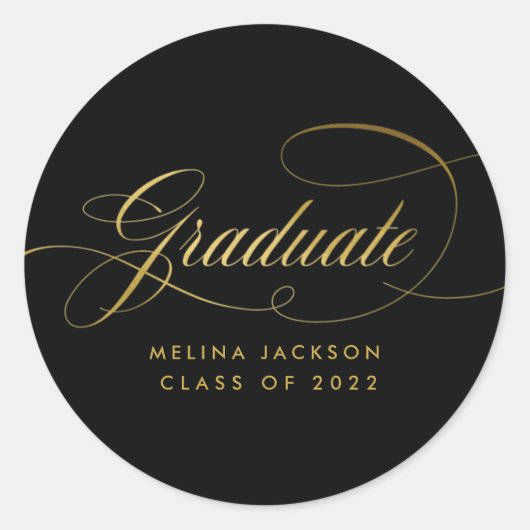 Fancy Manuscript Black en Gold Afstuderen Ronde Sticker (Voorkant)