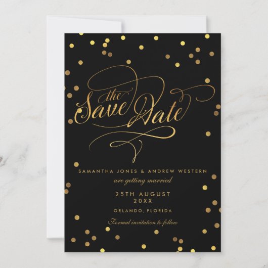Fancy Manuscript Gold Confetti Wedding sparen de D Save The Date (Voorkant)