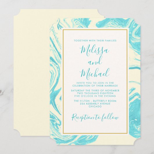 Fancy marmerontwerp in Turquoise en Cream Wedding Kaart (Voorkant / Achterkant)
