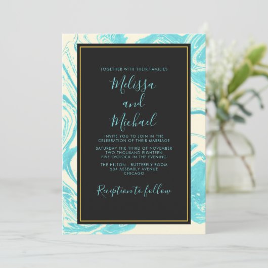 Fancy marmerontwerp in Turquoise en Cream Wedding Kaart (Staand voorkant)